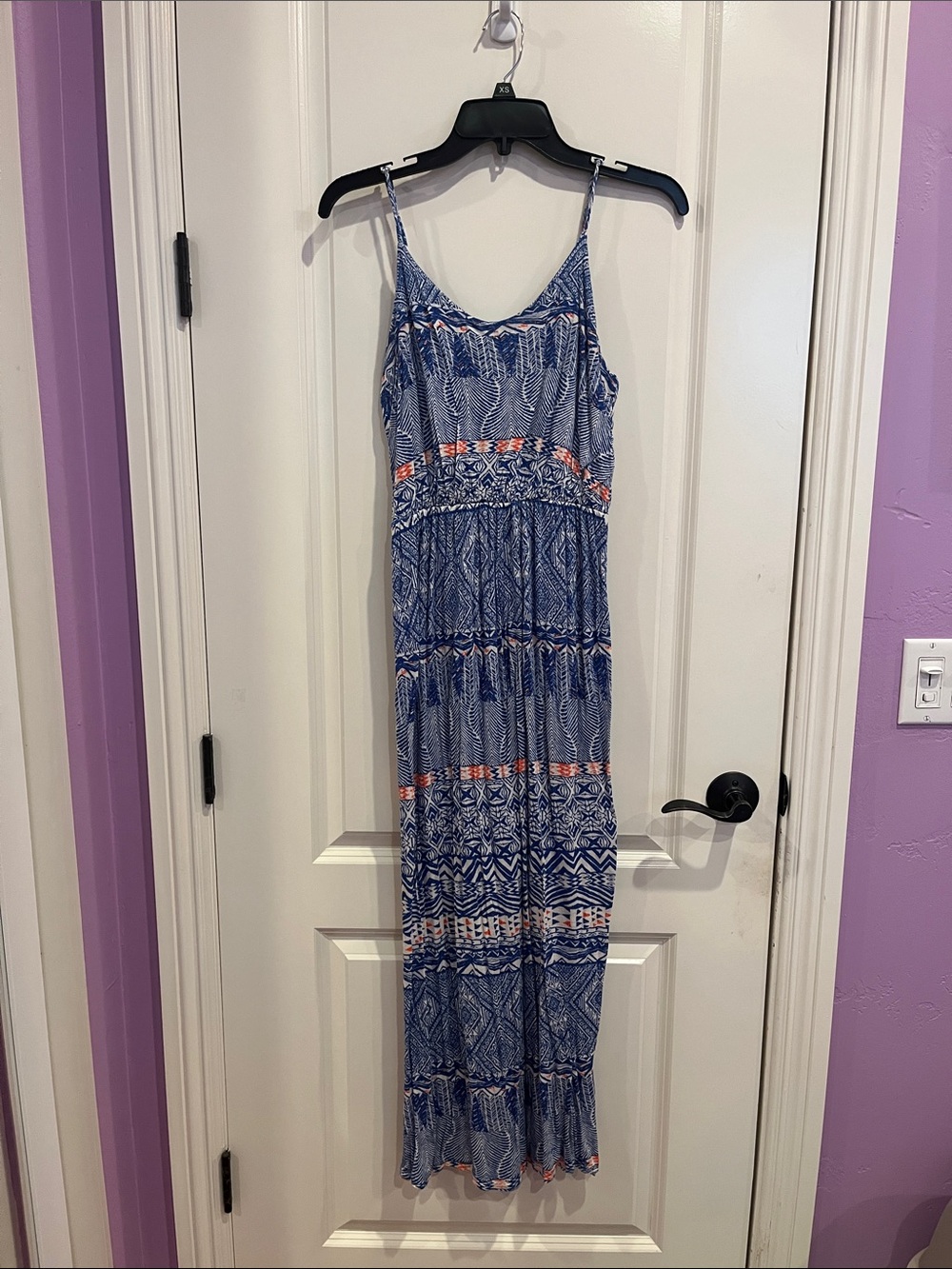 Lush Coral Accented Blue Patterned Maxi Sundress Size M